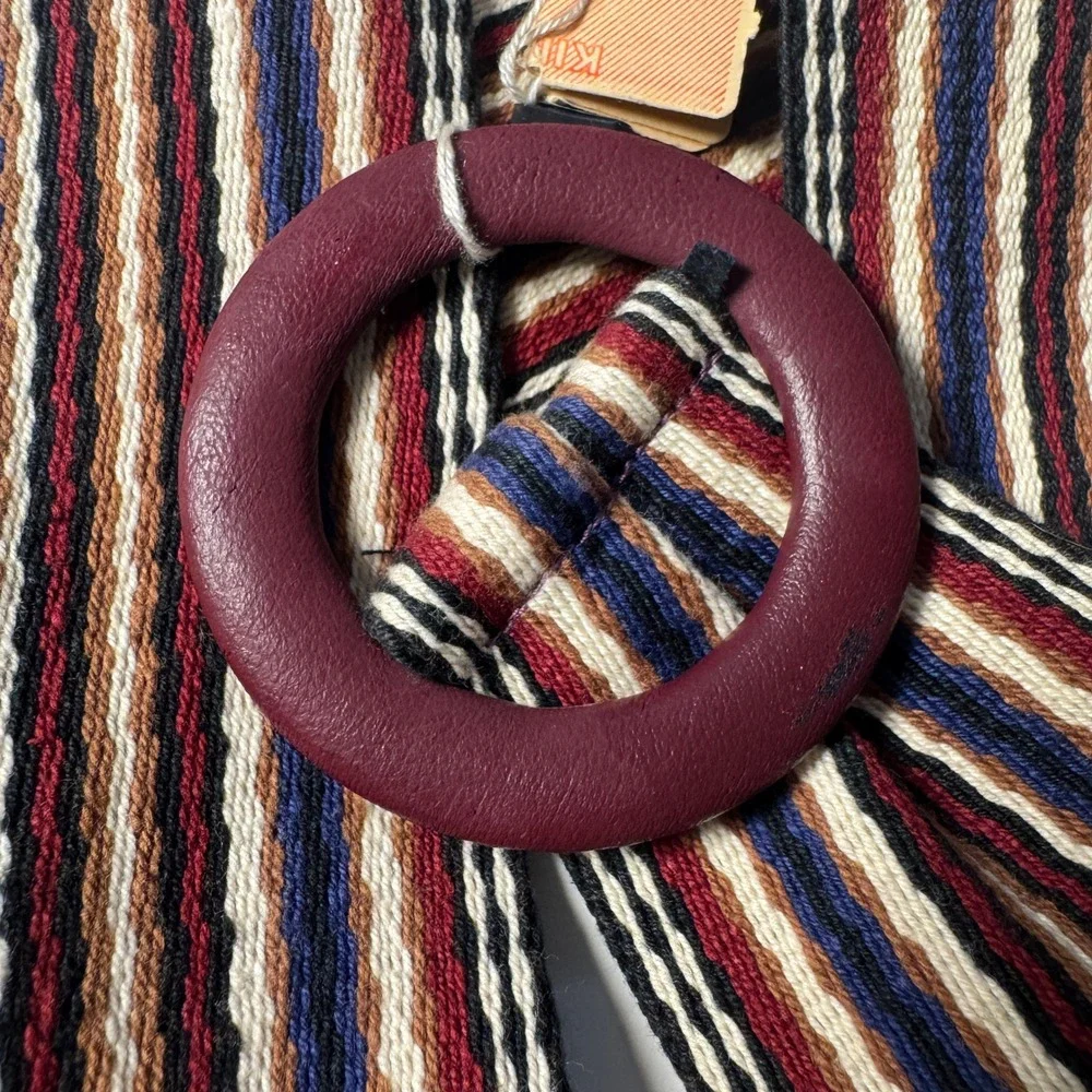 Vtg Woven Striped Belt Burgundy Leather Round Buckle Wide Dopamine chic elegant